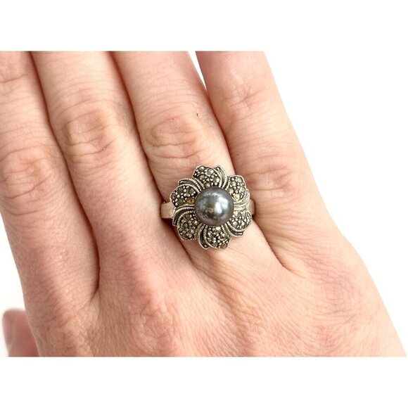 Art Deco Floral Marcasite Multi Gemstone Faux Tahitian Pearl Vintage Ring - sz 7 - Picture 10 of 10